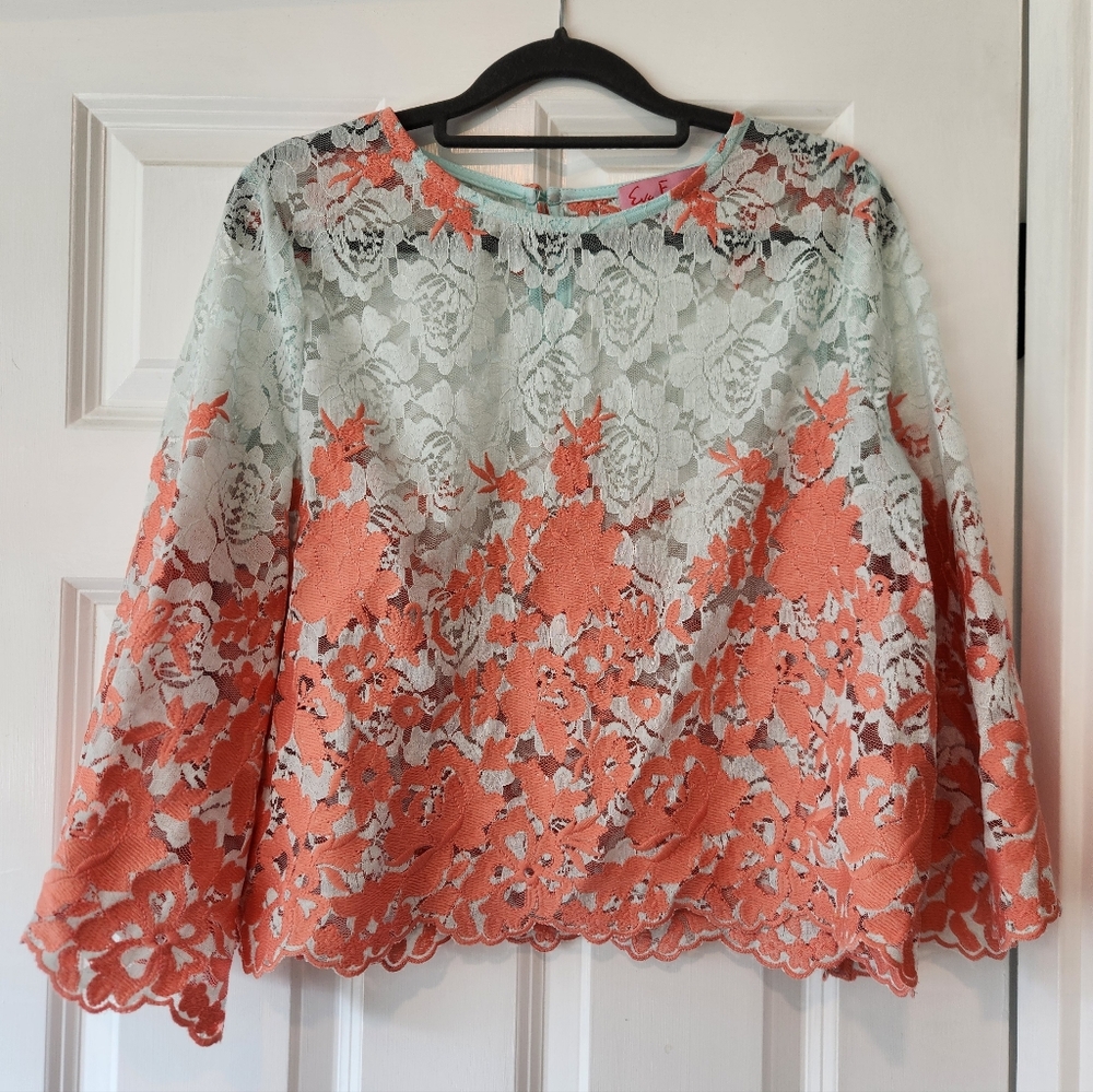 Eva Franco For Anthropologie Coral and Mint Lace Blouse (Size Medium)